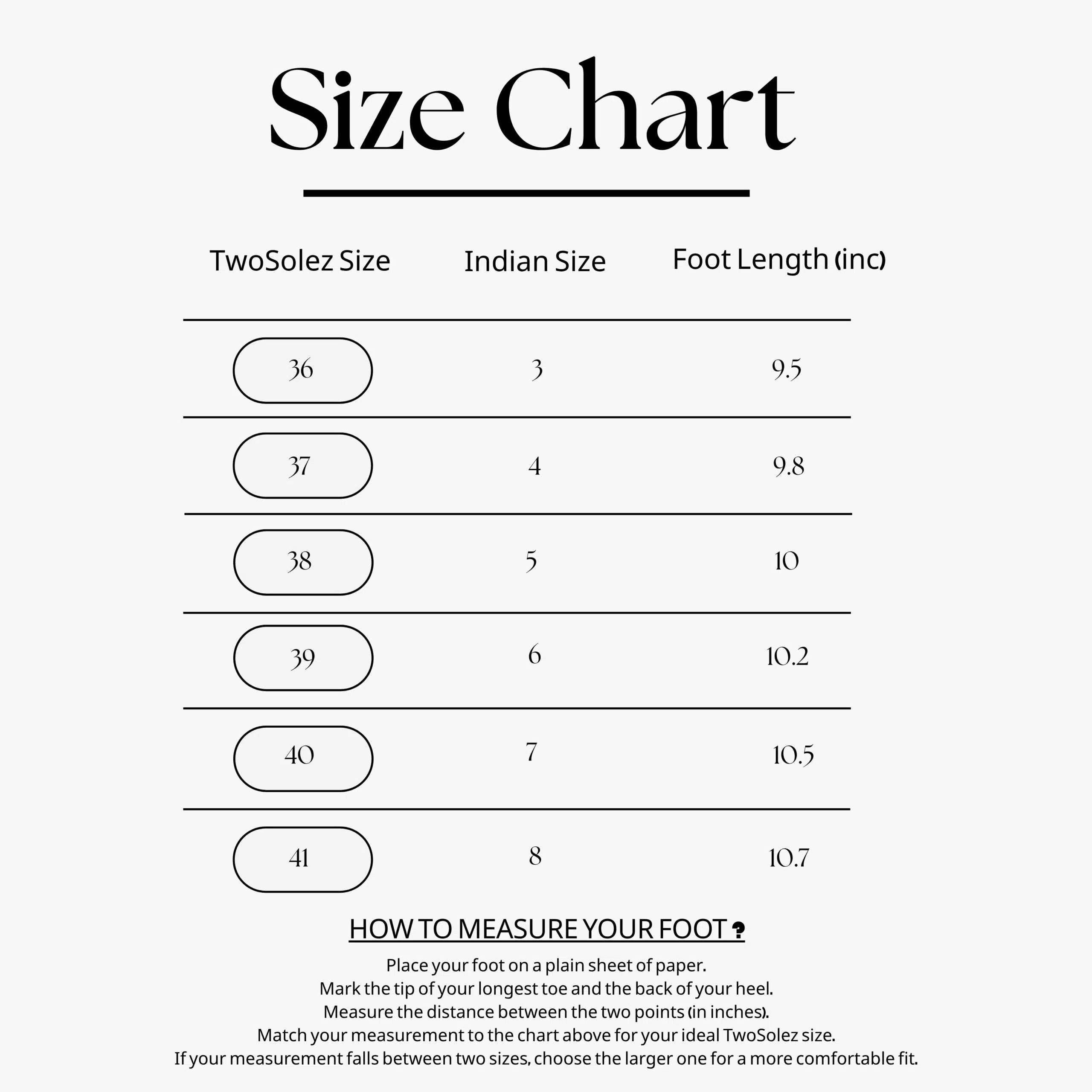 Flat Sandals TwoSolez sandal size chart showing shoe sizes, foot lengths and foot-measuring instructions