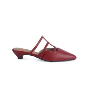 Side View Red pointed-toe women’s flat with triple straps and metallic stud detailing – Two Solez Ruby Vibes.