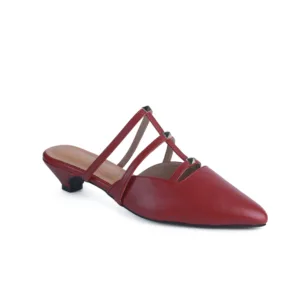 Front View Red pointed-toe women’s flat with triple straps and metallic stud detailing – Two Solez Ruby Vibes.
