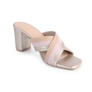 Front view of soft pink embellished Block Heels – Two Solez Blush Glint.