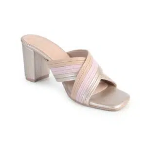 Front view of soft pink embellished Block Heels – Two Solez Blush Glint.