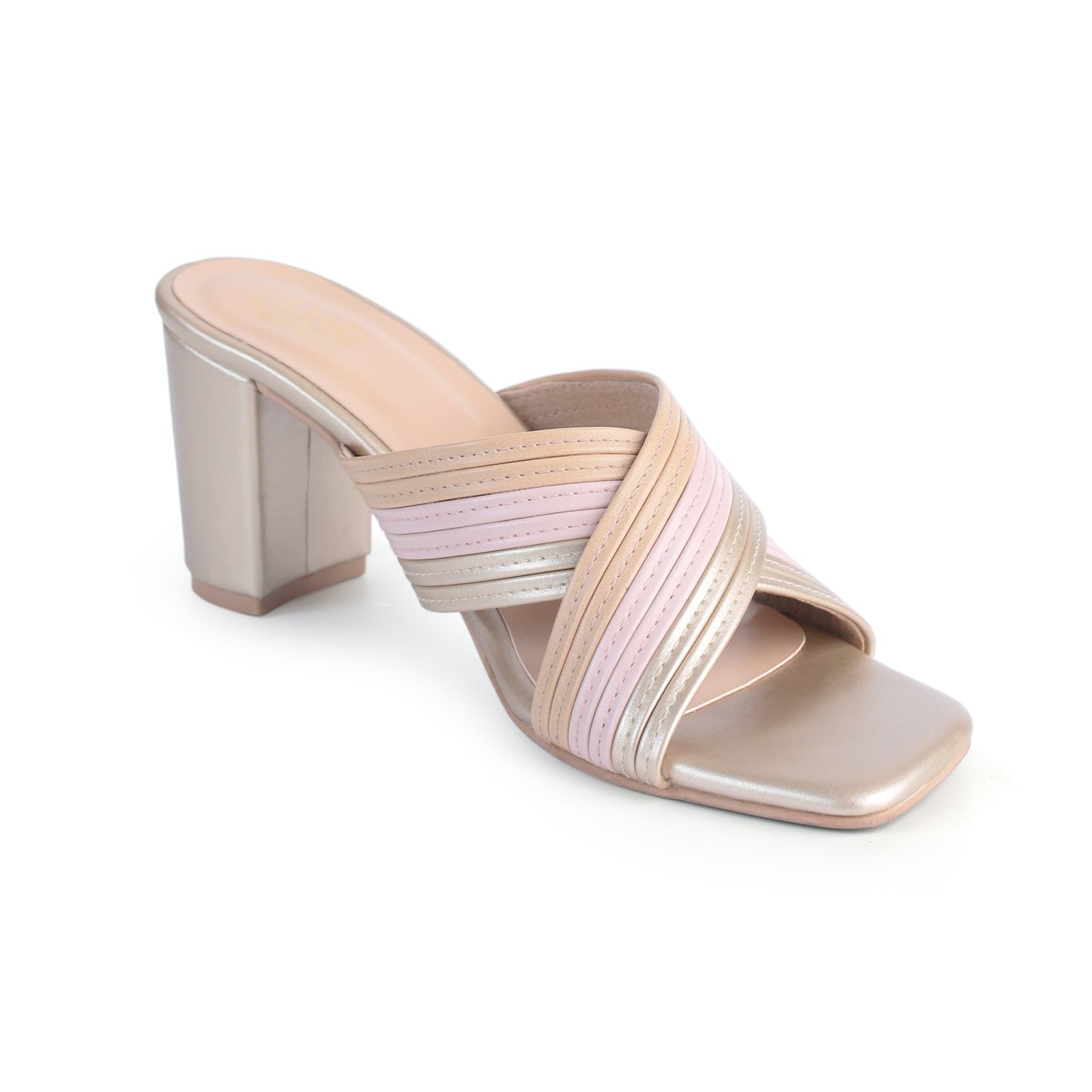 Blush Glint – Soft Pink Block Heels | Two Solez Front view of soft pink embellished Block Heels – Two Solez Blush Glint.