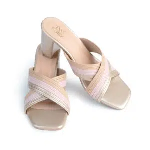 TwoSolez Blush Glint pale pink block heels with ribbed crossover straps – overhead pair view