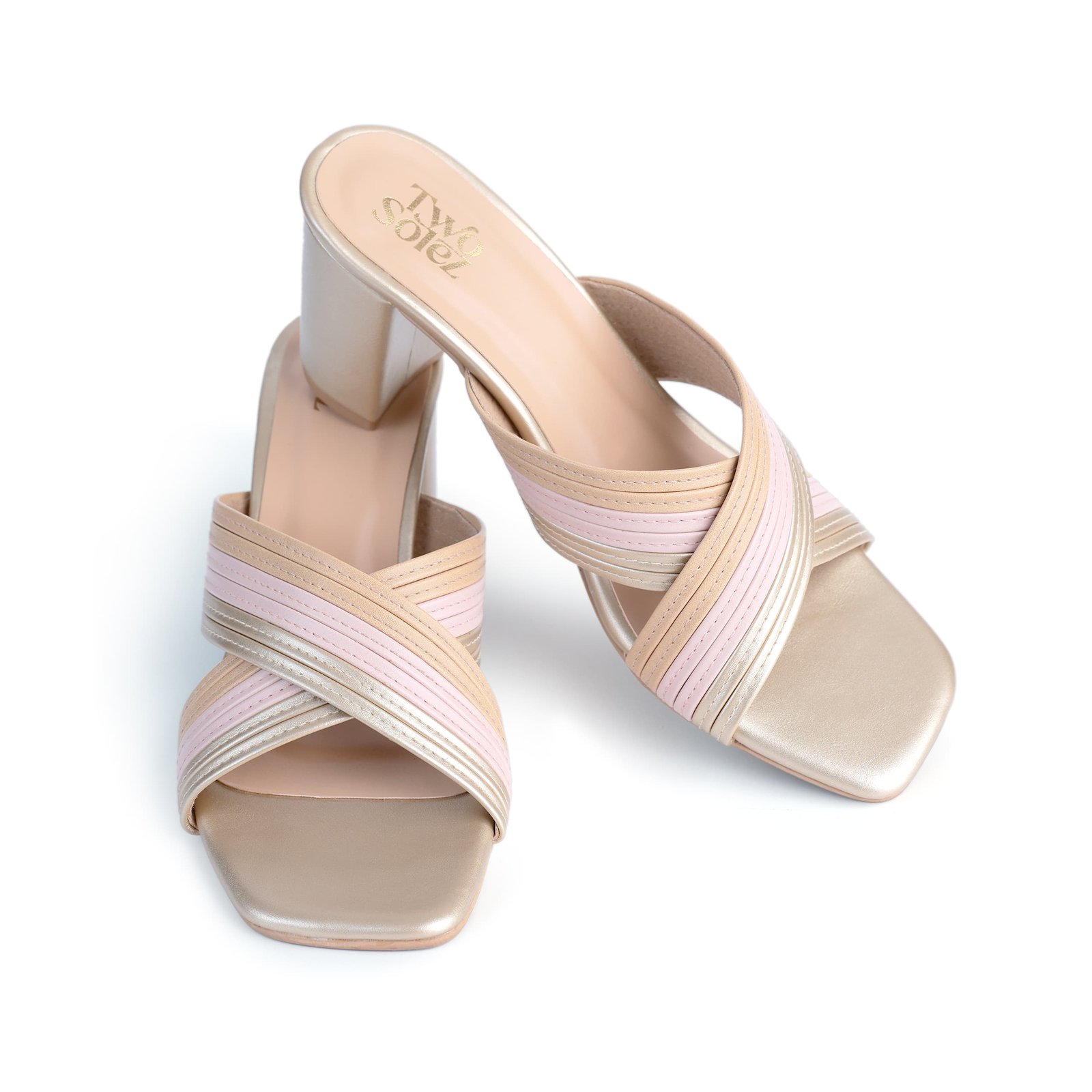 Blush Glint – Soft Pink Block Heels | Two Solez Close-up of embellishment detailing on blush Block Heels – Two Solez Blush Glint.