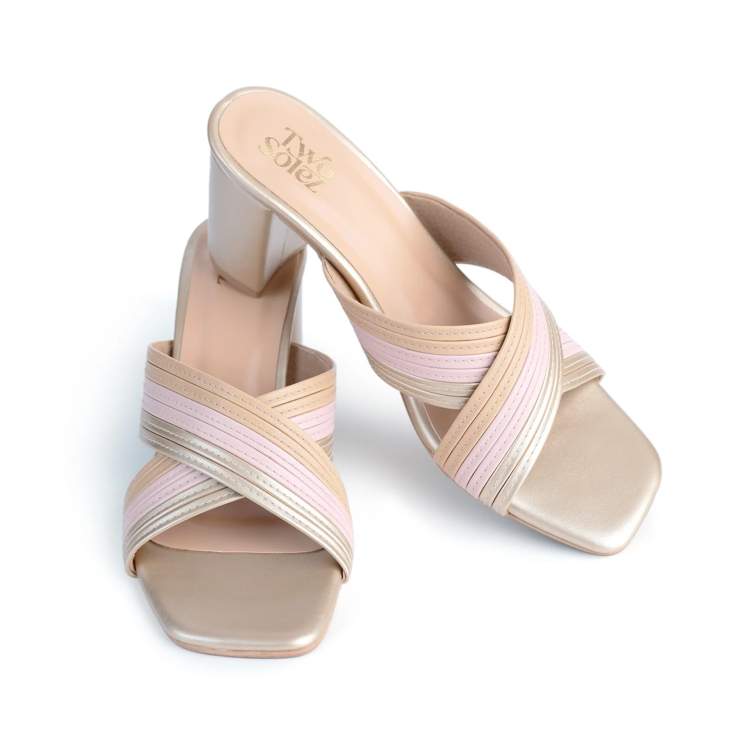 Blush Glint – Soft Pink Block Heels | Two Solez TwoSolez Blush Glint pale pink block heels with ribbed crossover straps – overhead pair view