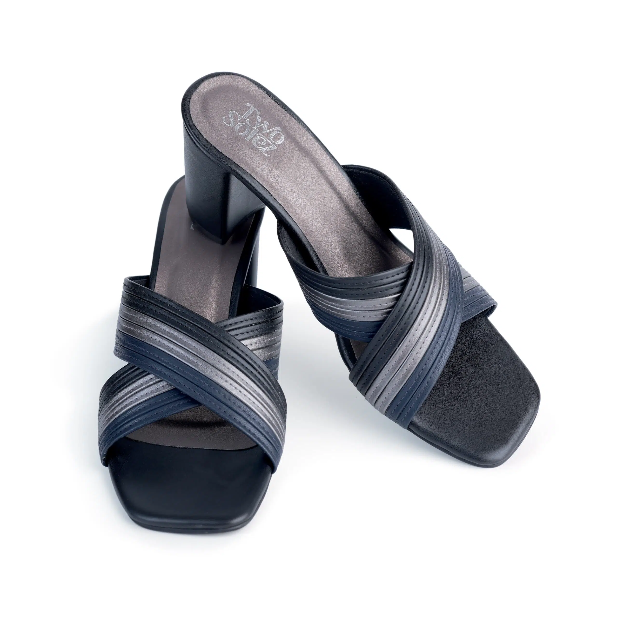 Luna Trail – Minimal Black Block Heels | Two Solez Close-up of strap detailing on black heels – Two Solez Luna Trail.