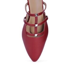 Front View Red pointed-toe women’s flat with triple straps and metallic stud detailing – Two Solez Ruby Vibes.