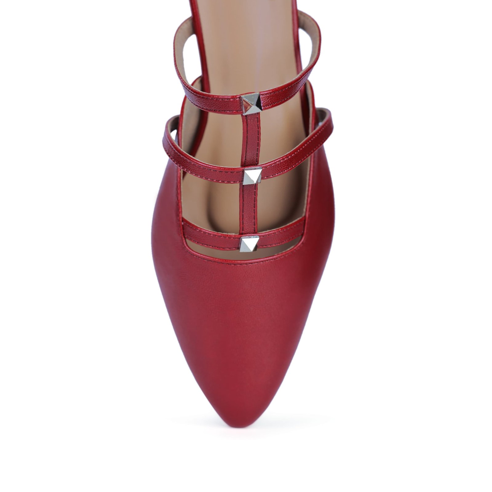 Ruby Vibes – Red Strappy Pointed Flats | Two Solez Front View Red pointed-toe women’s flat with triple straps and metallic stud detailing – Two Solez Ruby Vibes.
