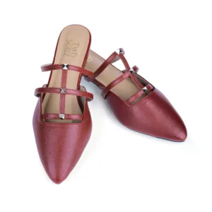 Front View Red pointed-toe women’s flat with triple straps and metallic stud detailing – Two Solez Ruby Vibes.