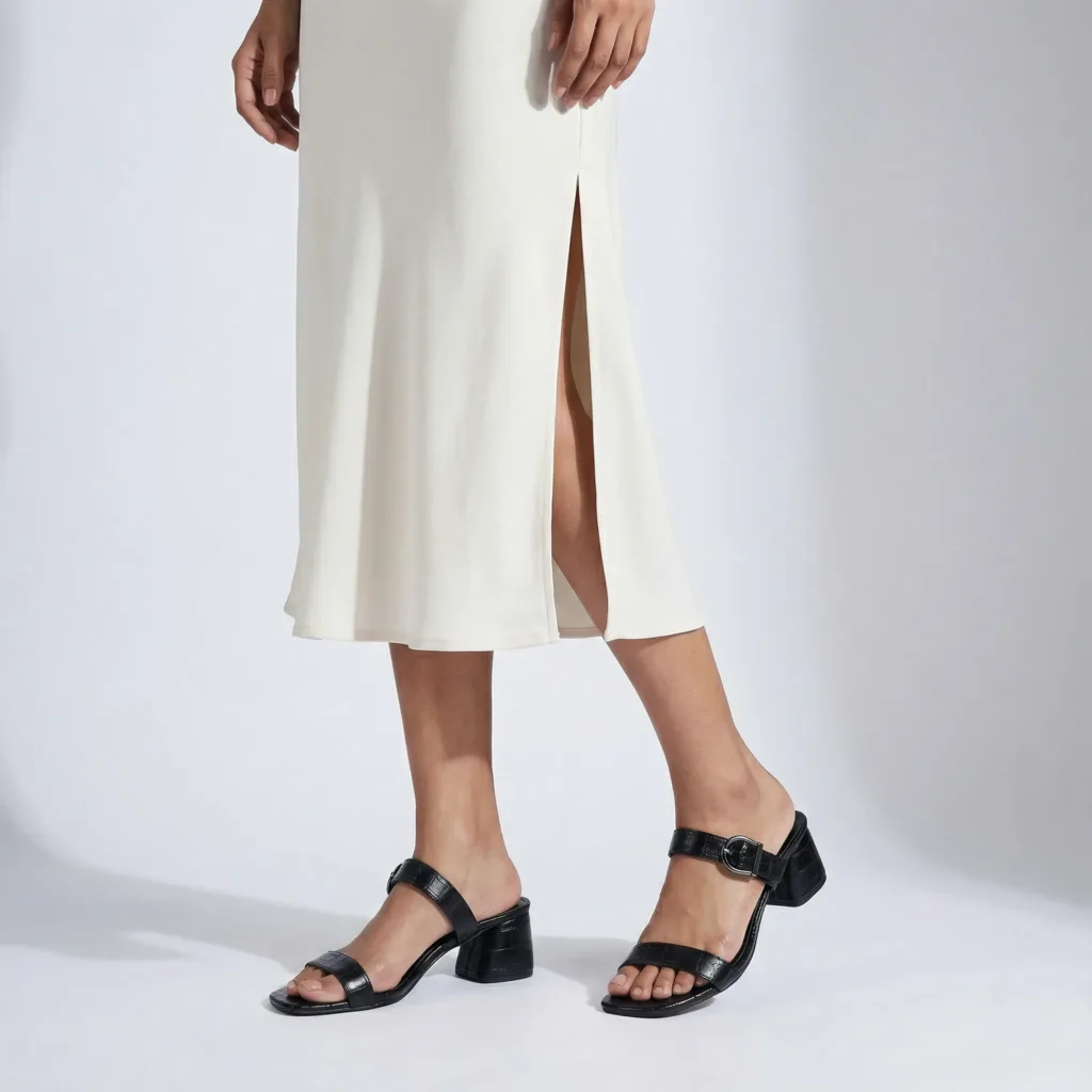 Black Onyx Poise sandals styled with a cream skirt