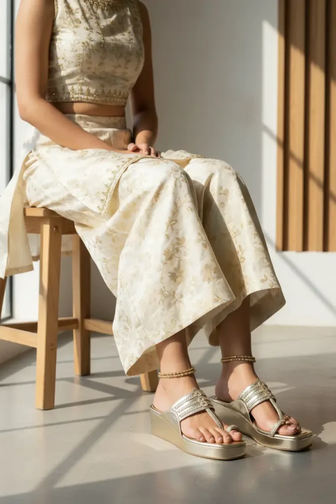 Model wearing Gilded Hour champagne-gold wedges with an Indian fusion outfit