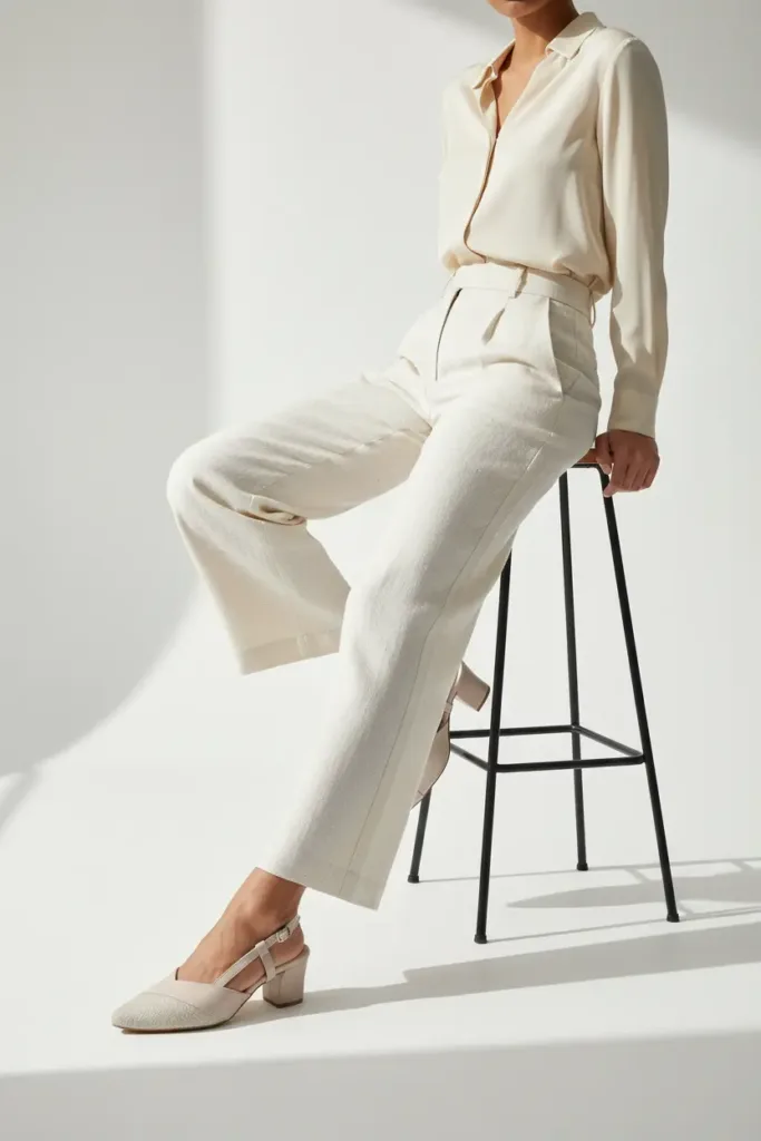 Model wearing Lilac Whisper slingback heels with light tailored trousers