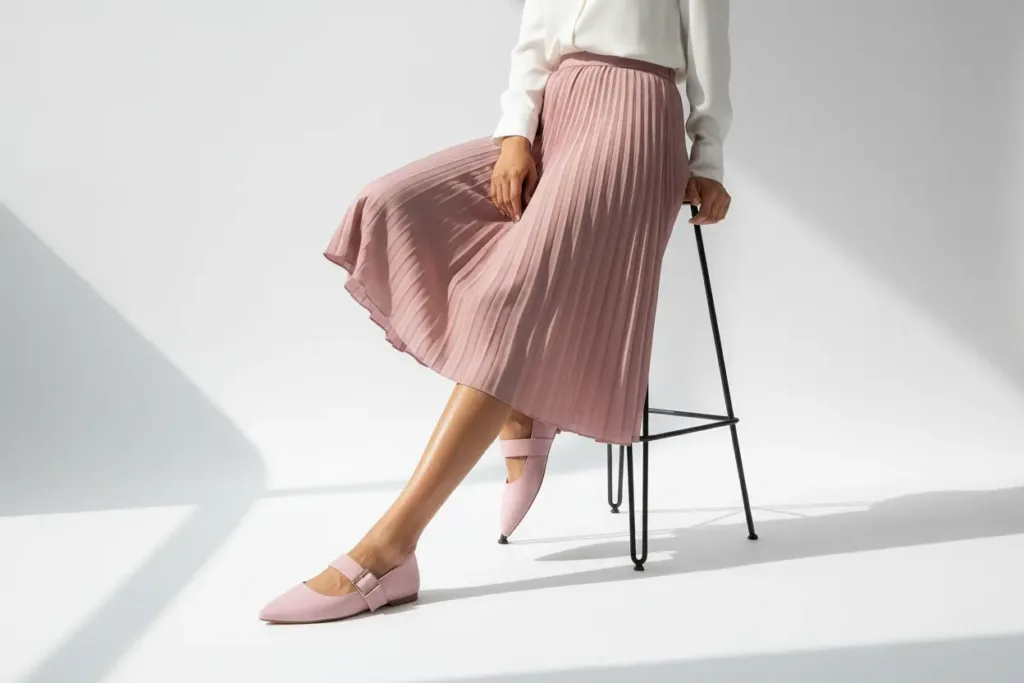 Model wearing Rose Reverie pink pointed-toe flats with a pleated pink skirt