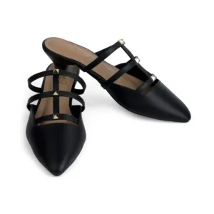 Dark Daze black multi-strap kitten-heel mules, alternative angled view of the pair