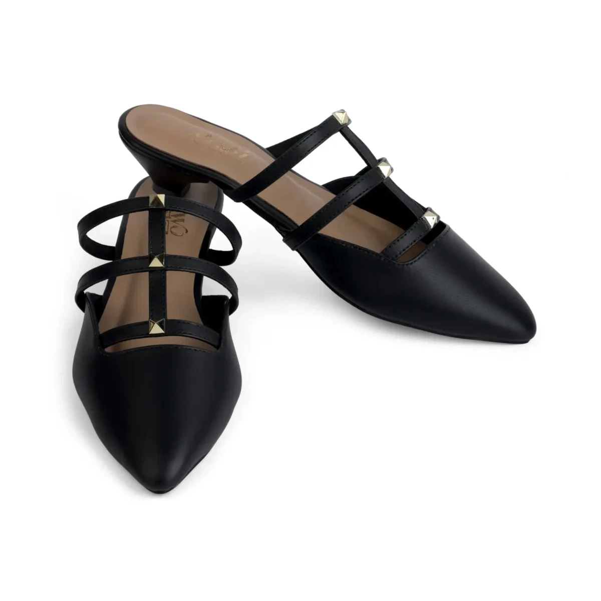 Dark Daze – alternative angled view of the pair square aligned Dark Daze black multi-strap kitten-heel mules, alternative angled view of the pair