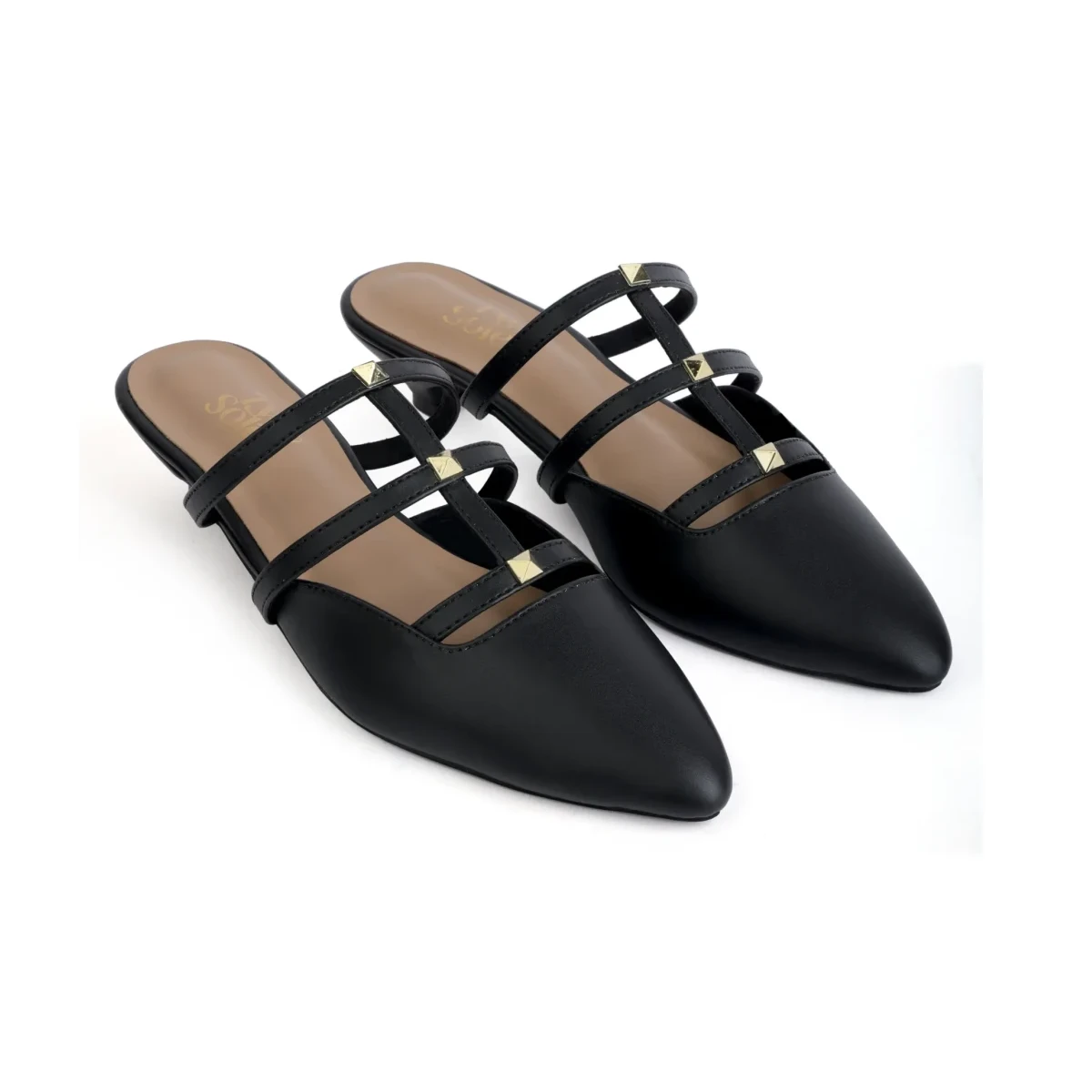 Dark Daze – paired front three-quarter view square aligned Dark Daze black multi-strap kitten-heel mules, paired front three-quarter view