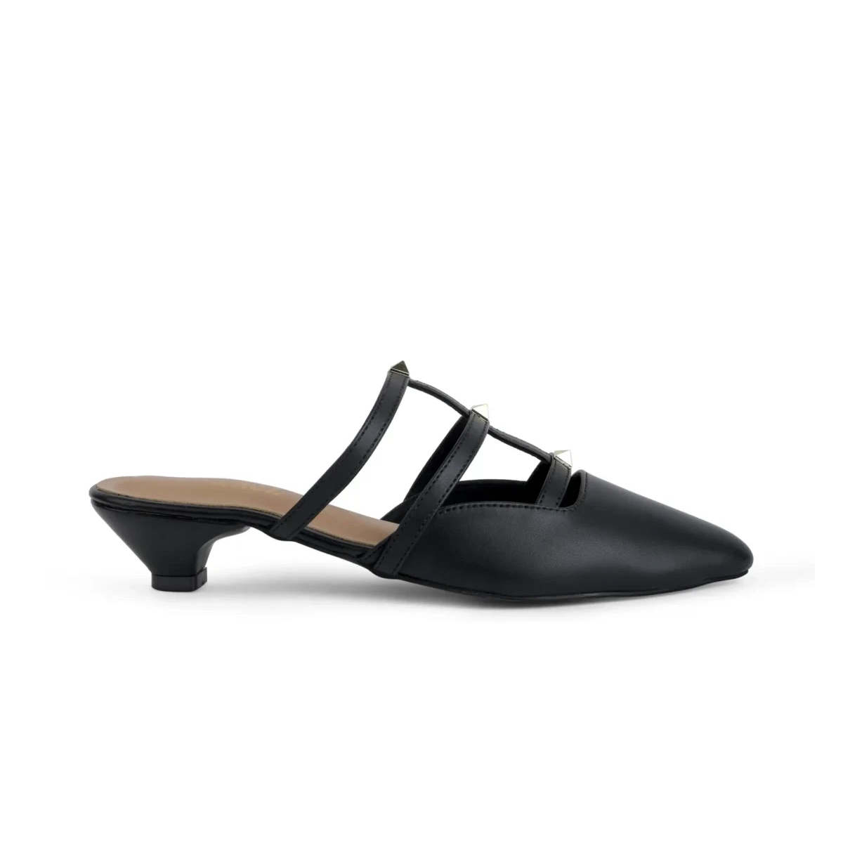Dark Daze – side profile square aligned Dark Daze black multi-strap kitten-heel mules, side profile