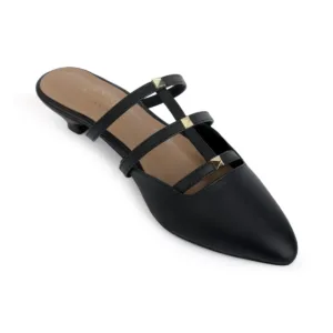 Dark Daze black multi-strap kitten-heel mules, single shoe angled view