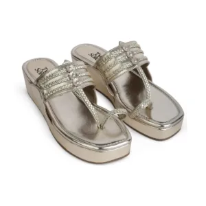 Gilded Hour metallic champagne-gold wedges, paired front three-quarter view