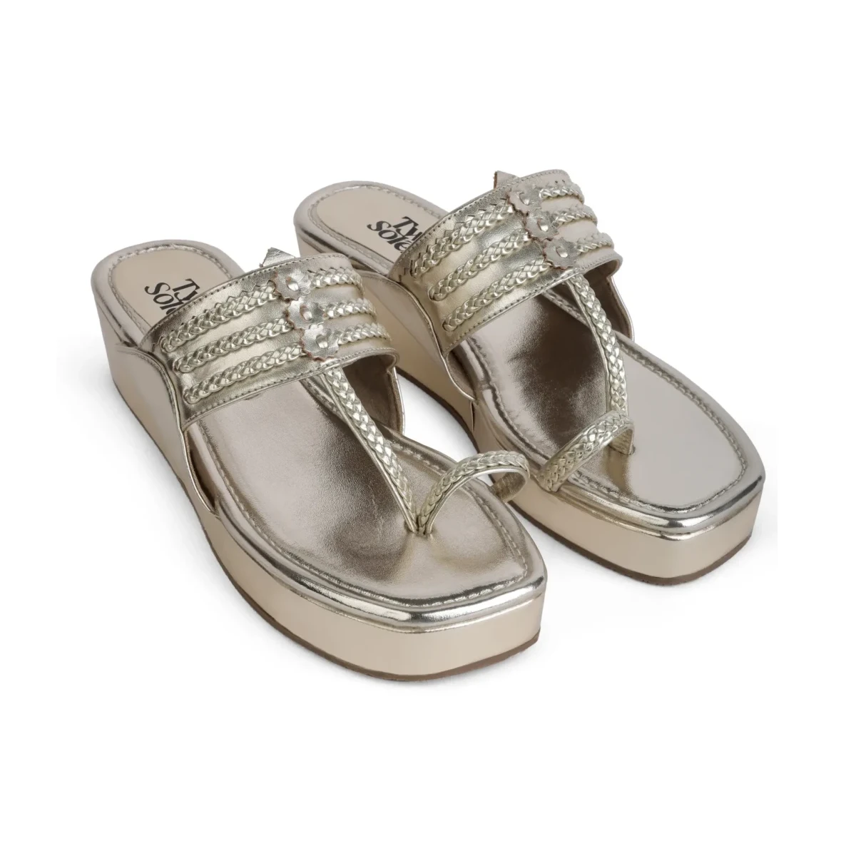 Gilded Hour – paired front three-quarter view square aligned Gilded Hour metallic champagne-gold wedges, paired front three-quarter view