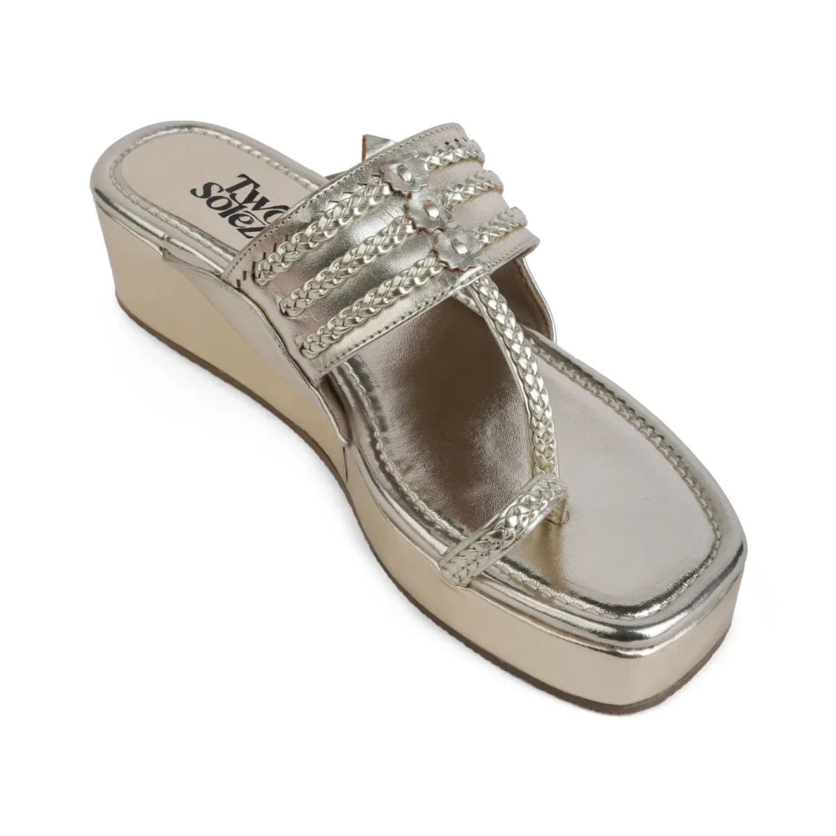 Gilded Hour – single shoe angled view square aligned Gilded Hour metallic champagne-gold wedges, single shoe angled view