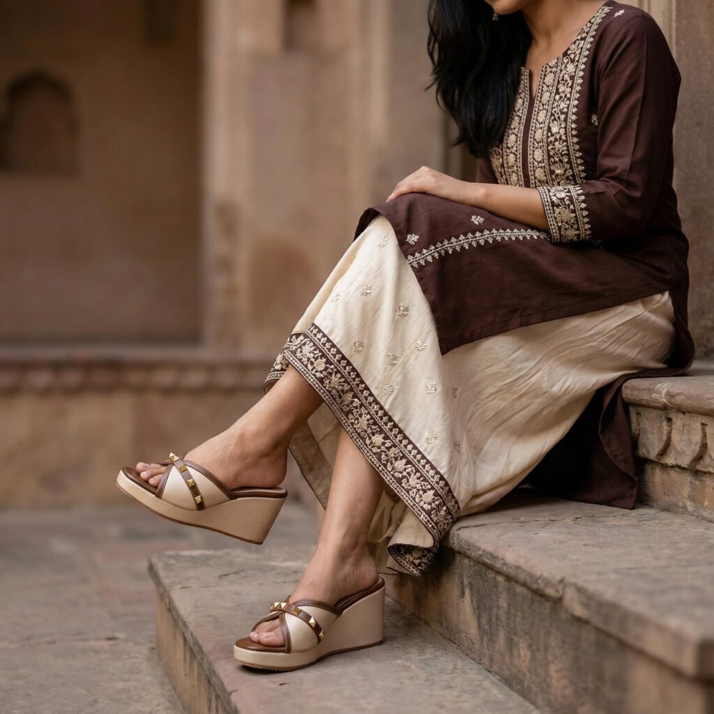 Side profile of Mocha Luxe brown and cream wedge sandal.