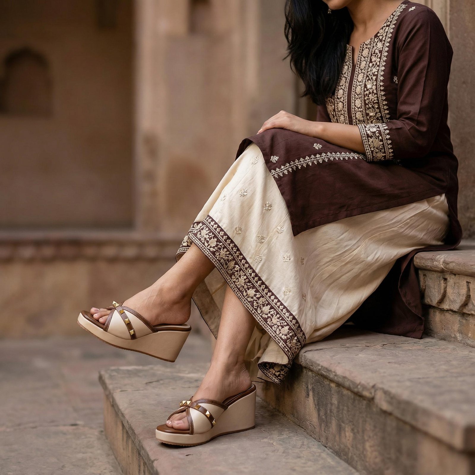 Side profile of Mocha Luxe brown and cream wedge sandal.