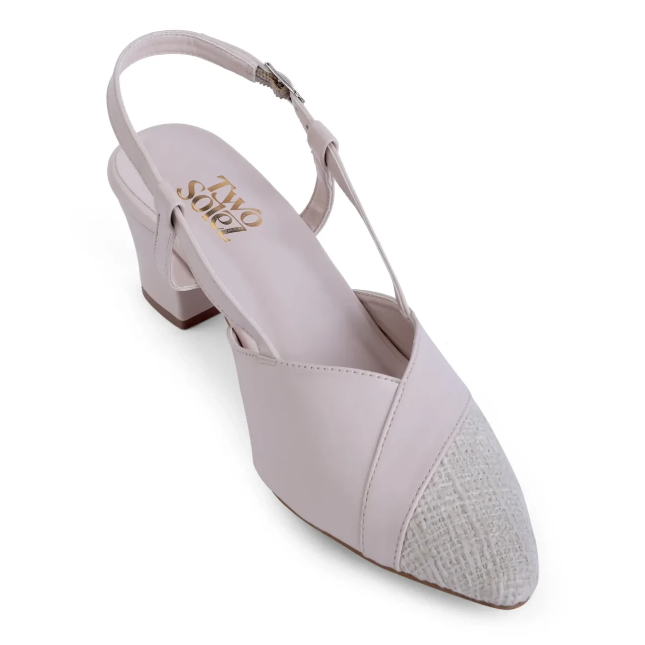 Lilac Whisper – single shoe angled view square aligned Lilac Whisper light lilac slingback heels, single shoe angled view
