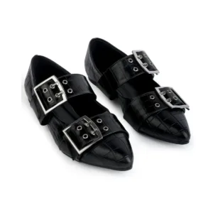 Rebel Code black double-buckle flats, paired front three-quarter view