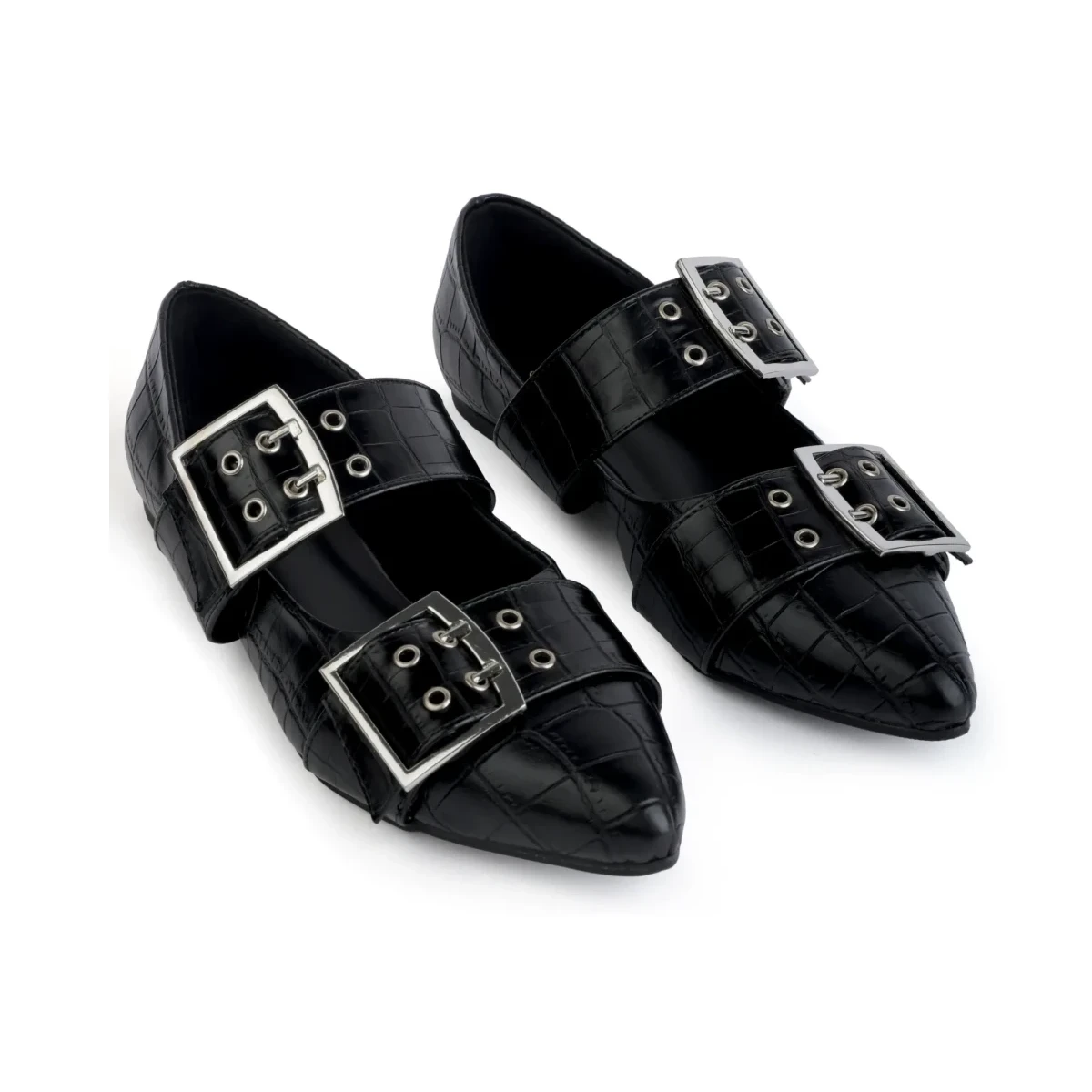 Rebel Code – paired front three-quarter view square aligned Rebel Code black double-buckle flats, paired front three-quarter view