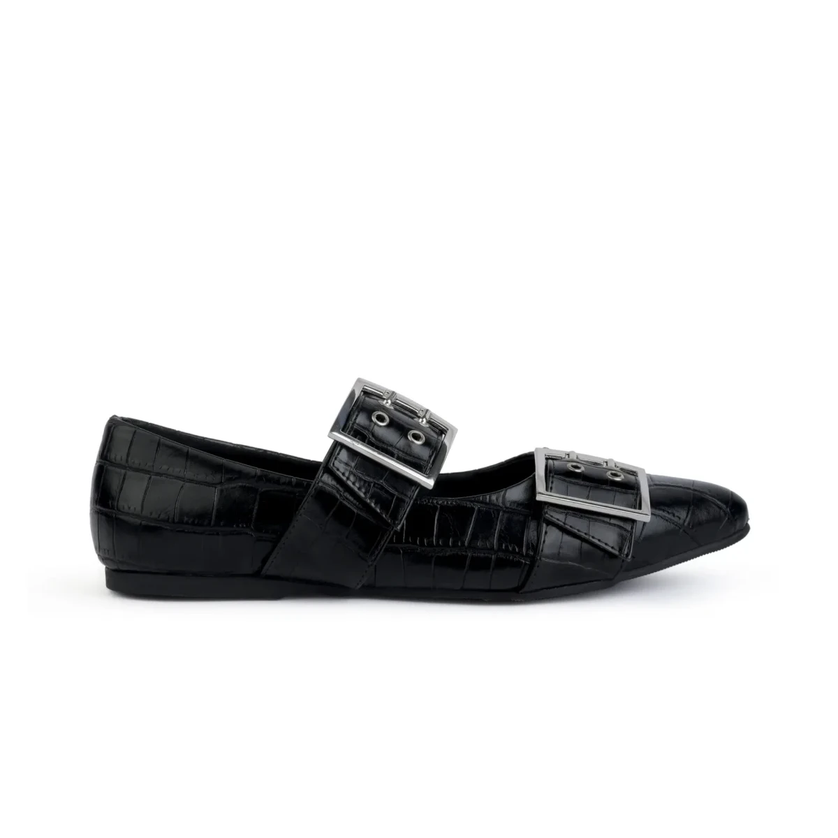 Rebel Code – side profile square aligned Rebel Code black double-buckle flats, side profile