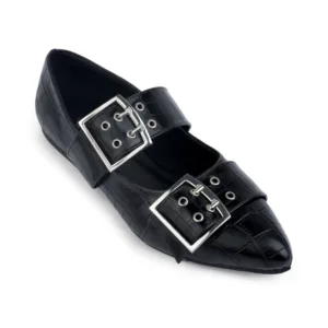 Rebel Code black double-buckle flats, single shoe angled view