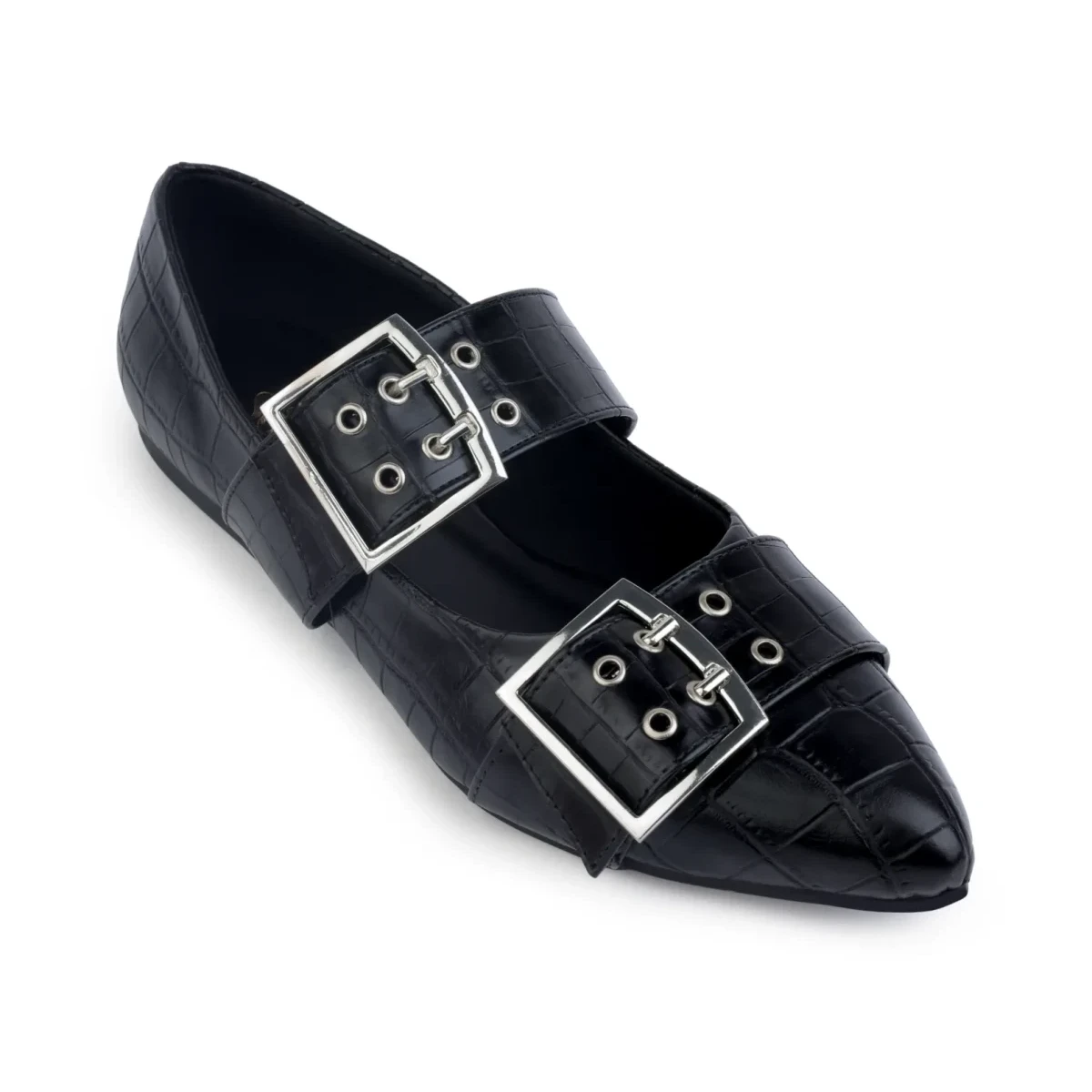 Rebel Code – single shoe angled view square aligned Rebel Code black double-buckle flats, single shoe angled view