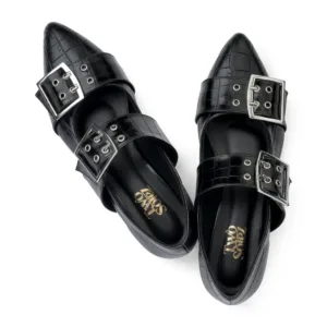 Rebel Code black double-buckle flats, overhead view of the pair