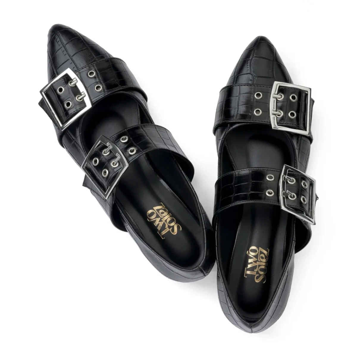 Rebel Code – overhead view of the pair square aligned Rebel Code black double-buckle flats, overhead view of the pair