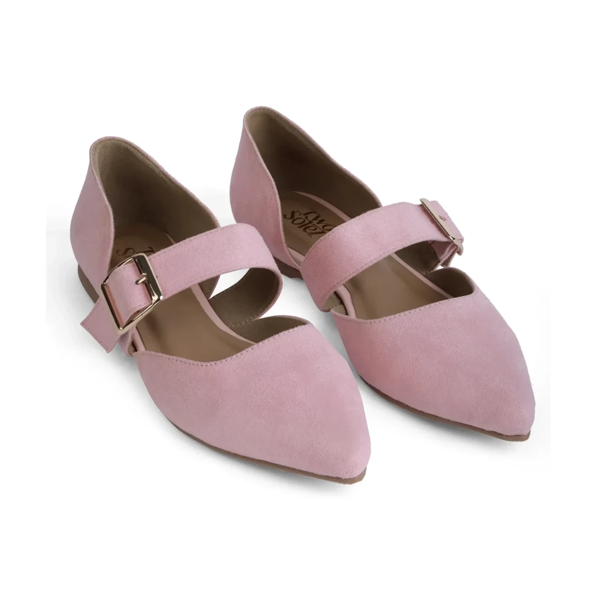 Rose Reverie – paired front three-quarter view square aligned Rose Reverie pink pointed-toe flats, paired front three-quarter view