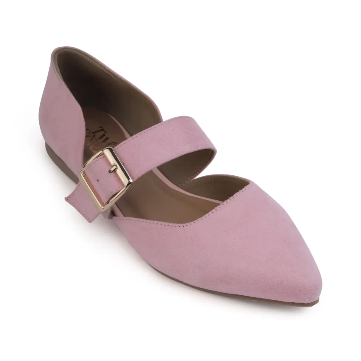 Rose Reverie – single shoe angled view square aligned Rose Reverie pink pointed-toe flats, single shoe angled view